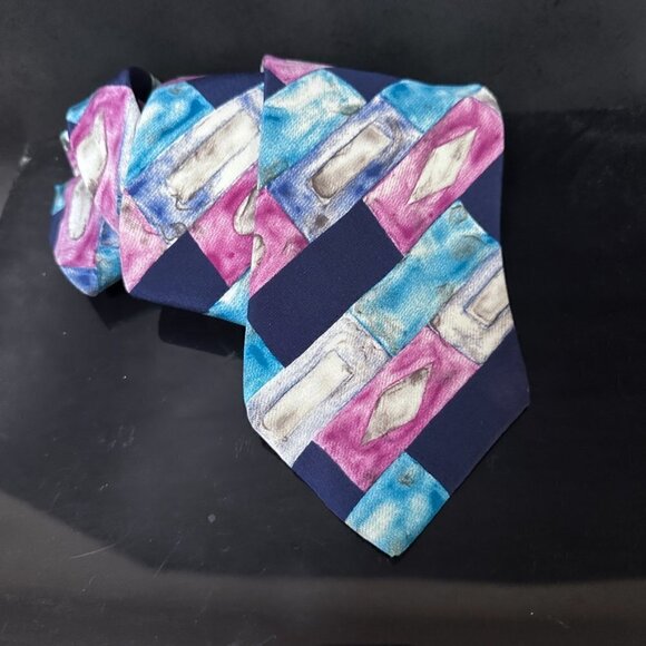 Louis Feraud Pink Turquoise Silk Tie Painting Watercolor Modern Art Blue - Picture 7 of 8